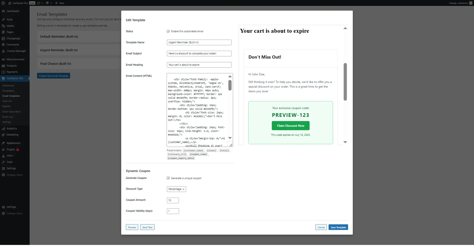 CartSavior Pro Email Template Editor - Customizable WooCommerce Abandoned Cart Emails