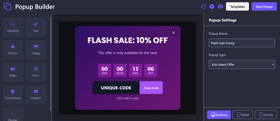 Popup builder interface